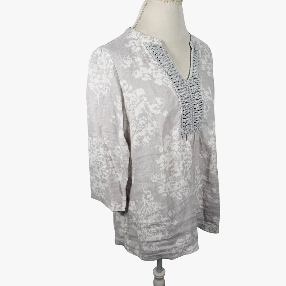 Boden Crochet Trim Tunic Blouse 100% Linen V-Neck Boho Coastal Cottage Size 10P